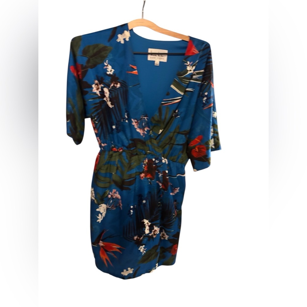Nicole Miller Teal-Blue Tropical Print Mini Dress